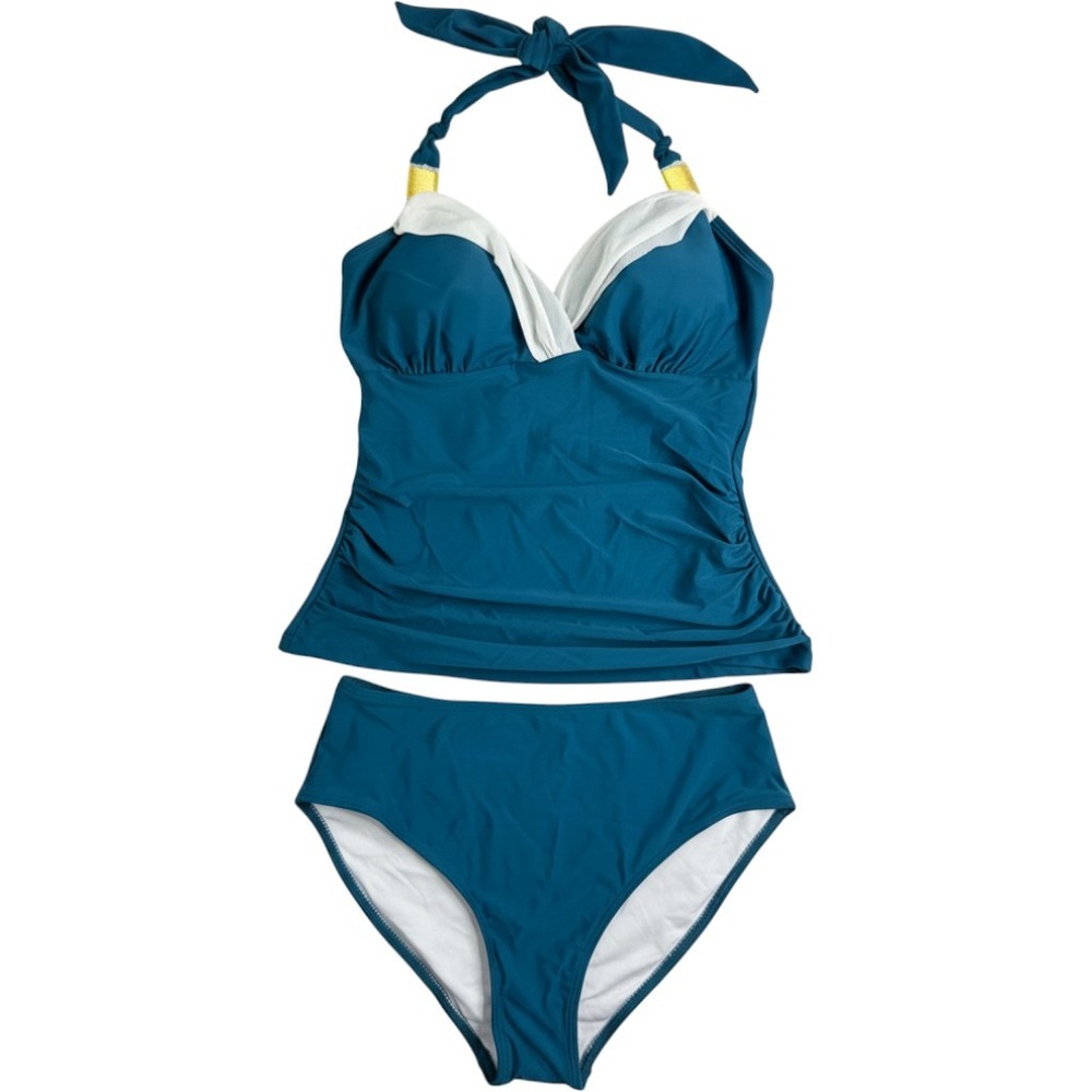 B2PRITY Womens Teal Blue Halter Tankini Set High Waist Ruched Swimsuit NWT